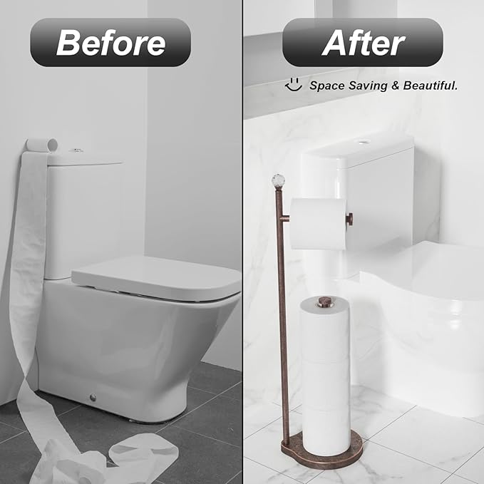 KASUNTO Toilet Paper Holder for Bathroom, Heavy Weighted Metal Free Standing Toilet Paper Storage with Crystal Ball, Toilet Paper Stand for Bathroom Accessories, Oil Rubbed Bronze [Holds MEGA Rolls]