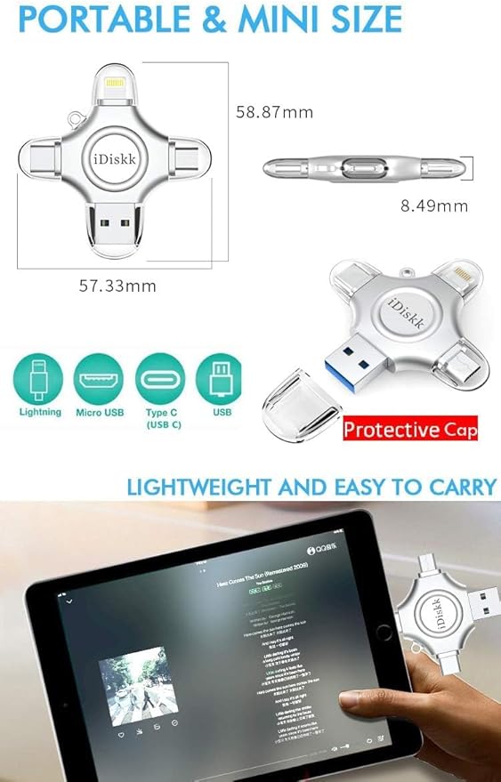 MFi Certified iDiskk 128GB Flash Drive for iPhone 17 16 iPad USB 3.0 Lightning Drive 4 in 1 Multi Functional External Storage for iOS and Android Samsung Phones Type c Devices and MacBook Photo Drive