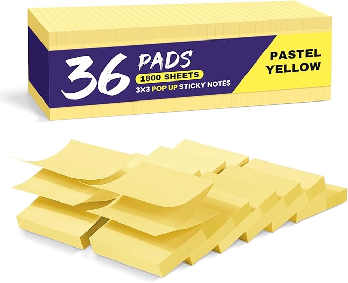 36 Pads Pop Up Sticky Notes, 3x3 inches, Yellow Soft Pastel Self-Stick Note Pads, Perfect for Office, Study, and Daily Life Organization - 36 Pack