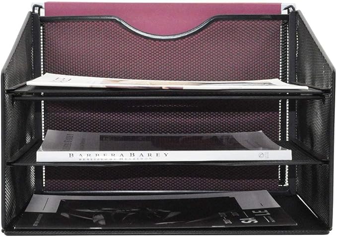 EASEPRES Mesh File Organizer, Desktop Hanging File Holder with 3 Paper Letter Tray and 1 Vertical Upright Compartment, Black