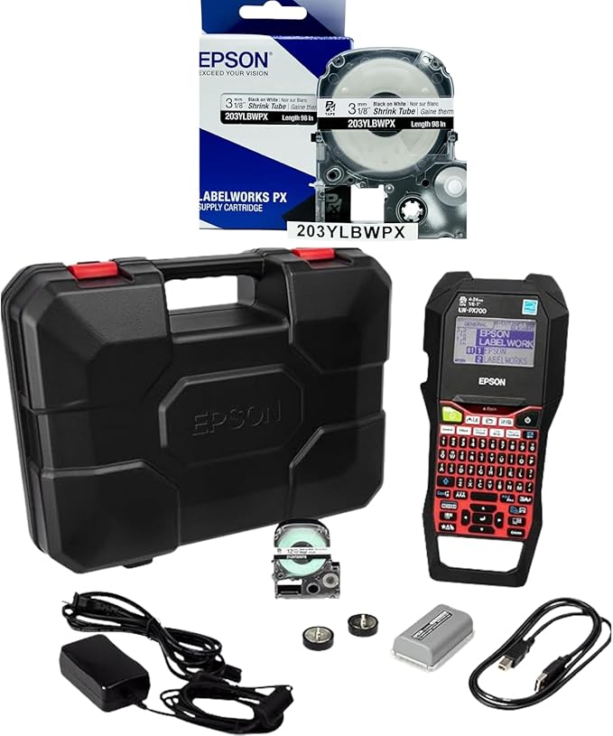 LABELWORKS Epson LW-PX700PCD Industrial Label Maker Kit and 203 Heat Shrink Tube AWG 16-22, 1/8" (3MM) Wide, 8 ft (98") Bundle