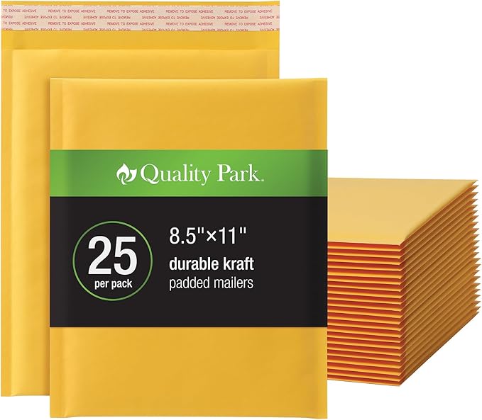 Quality Park Bubble Mailers, 8.25 x 11 Inch, Kraft Padded Envelopes, Durable Brown Shipping Envelopes, Self Seal Closure, 25 Per Box (QUA85759)