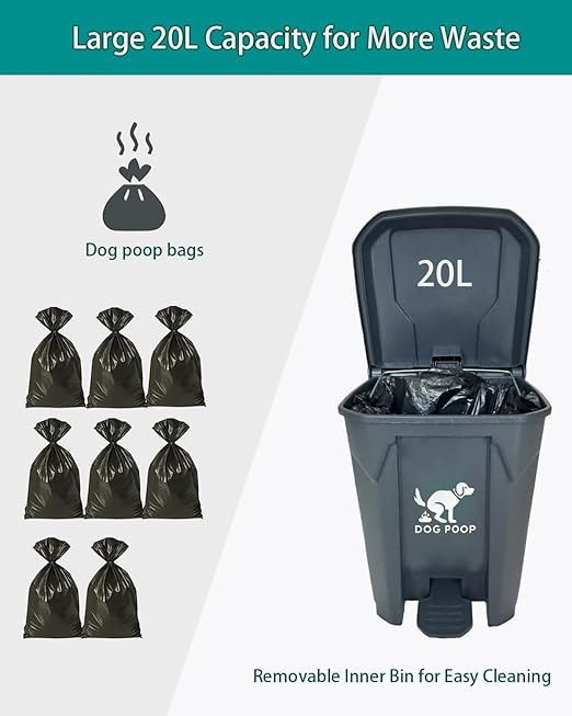 Dog Poop Trash Can Outside – 20L Outdoor Pet Waste Bin with Foot Pedal Lid, Removable Inner Bucket & 100 Bags – Waterproof, Odor Control Trash Can for Backyard, Patio, Garden