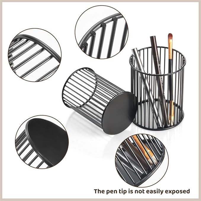 2 Pack Metal Pen Holder for Desk,Makeup Brushes Cup Holder, Pencil Holders, Pen cup, Home and Office Organizer, Black