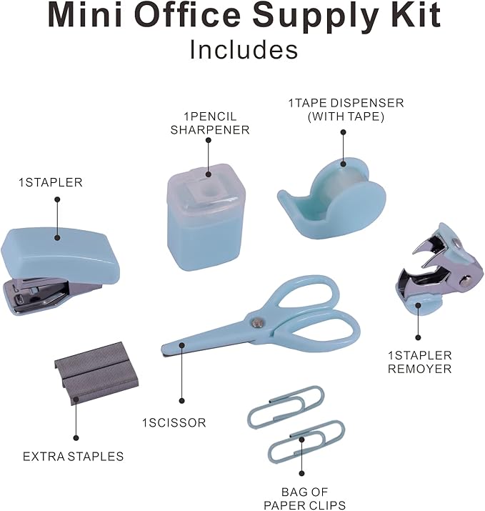 Mini Office Supply Kit Includes Stapler Tape Dispenser Staple Remover Paper Clips Scissor Notebook Highlighter Ballpoint Pen Small Telescopic Knife for Office and School Student (Blue Set)