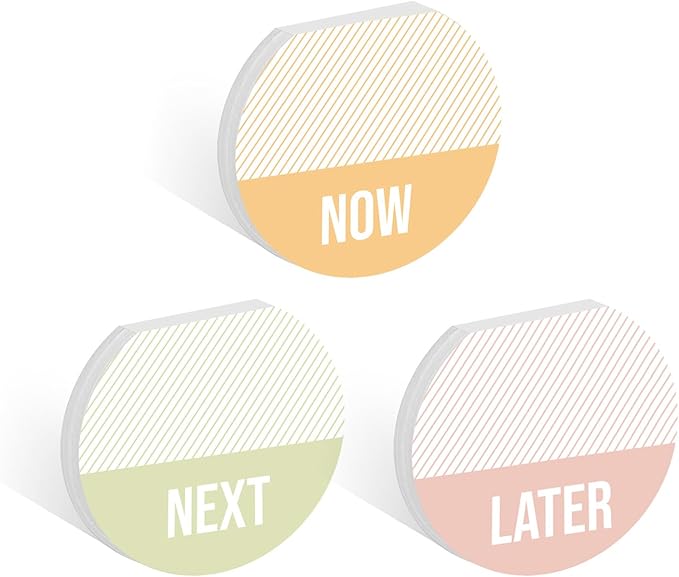 Gotcha Covered Notebooks Now Next Later Sticky Note Pad Assortment/Set Of 3 Round Flat Top Colorful Note Pads / 3.5" Productivity Sticky Notes / 50 Sheets Per Pad/Made In USA