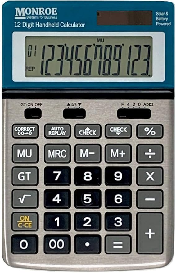 Monroe Handheld 12-Digit Paperless Calculator with Check and Correct Functionality