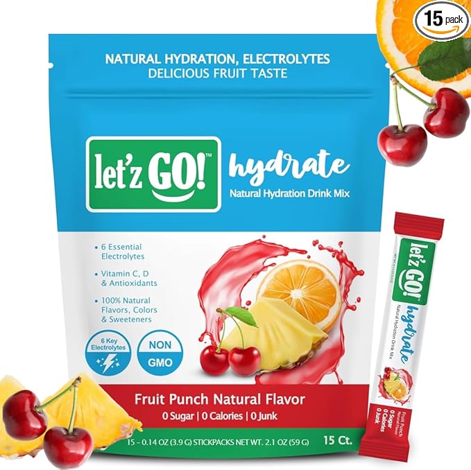 Let'z Go! Hydrate- Natural Hydration + Electrolyte Drink Mix- Hydration + Electrolytes + Antioxidant Powder Packets, Natural Flavors, Vitamins C + D | No Sugar | No Calories | (15 Count) Fruit Punch