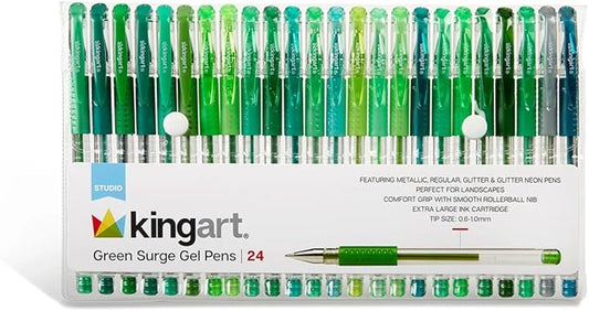 KINGART 400-24G Green Tones Rollerball Gel Pens, Set of 24 Colors, XL Ink Cartridge - More Ink, All Ages, Writing, Coloring, Doodling, Scrapbooking, Journaling & More