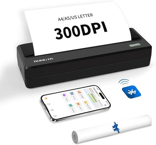 Rongta Inkless Portable Printer for Travel, 300Dpi Wireless Bluetooth Thermal Printer, Compatible with Android/iOS & Laptop,Support 8.5" X 11" US Letter&A4 Thermal Paper Roll (Black)