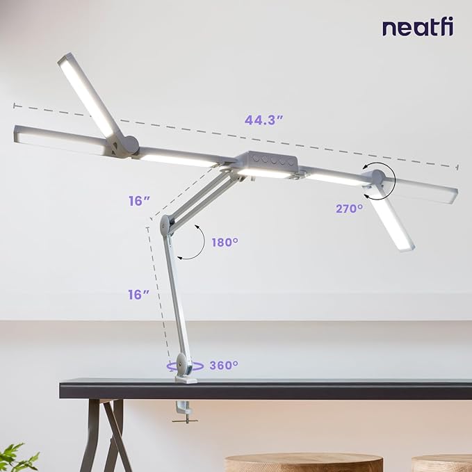 Neatfi (New Model) 3,000 Lumens LED Desk Lamp, Dimmable, 360 SMD LEDs, 30W, CRI 95, Adjustable Light Modes, Task Lamps for Home Office, Study Lamp, Desk Light Bar (CCT with Clamp, White, 44 Inches)