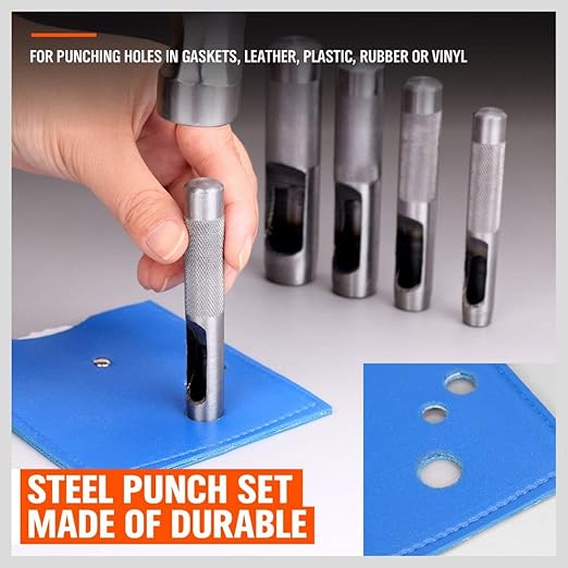 Spurtar 6PCS Leather Hole Punch 1/8'' - 5/16'' Heavy Duty Round Hollow Belt Hole Puncher High Carbon Steel Leather Punch Tool for Belts Watch Cloth Gaskets with Storage Bag