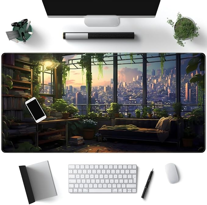 City Skyline Botanical Green Floral Desk Mat Study View from The Window Cute Office Decor Extra Large Mouse Pad Cute Desk Essentials Big Mouse Pad for Desk Pad Accessories Computer Mat 31.5x15.7 in