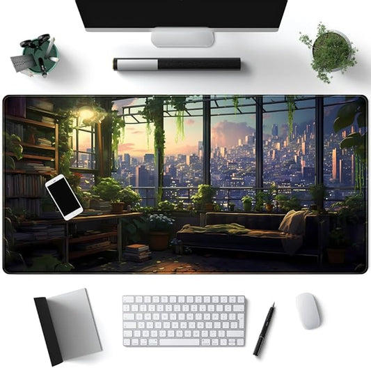 City Skyline Botanical Green Floral Desk Mat Study View from The Window Cute Office Decor Extra Large Mouse Pad Cute Desk Essentials Big Mouse Pad for Desk Pad Accessories Computer Mat 31.5x15.7 in