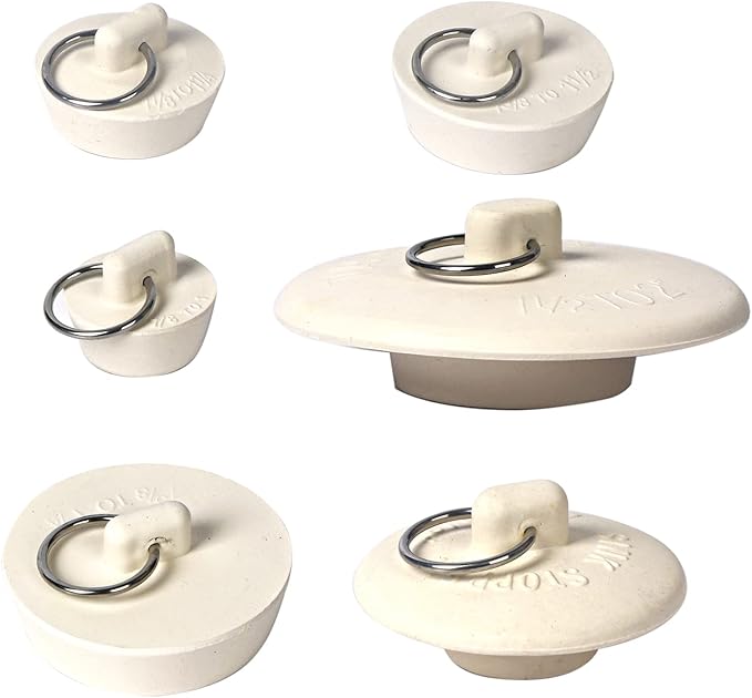 6 Pieces Rubber Sink Stopper, Drain Stopper Bath Tub Stopper with Pull Ring, Kitchen Drain Plug Sink Plug, Bathroom Bath Plugs, 6 Sizes（White）