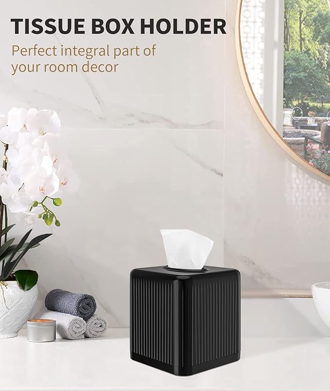 Livelab Square Plastic Tissue Box Holder with Base - Modern Cube Decorative Tissue Cover for Bathroom, Countertop, Living Room, Bedroom, Office - Black