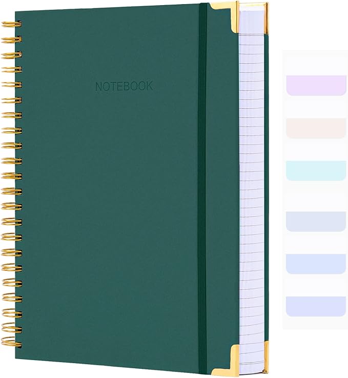 Spiral Notebook, College Ruled Notebook Journal, 7” x 10”, 300 Pages Leather Writing Journal for Women Men, B5 Hardcover Notebook for Work School, 24pcs Index Tabs, Green