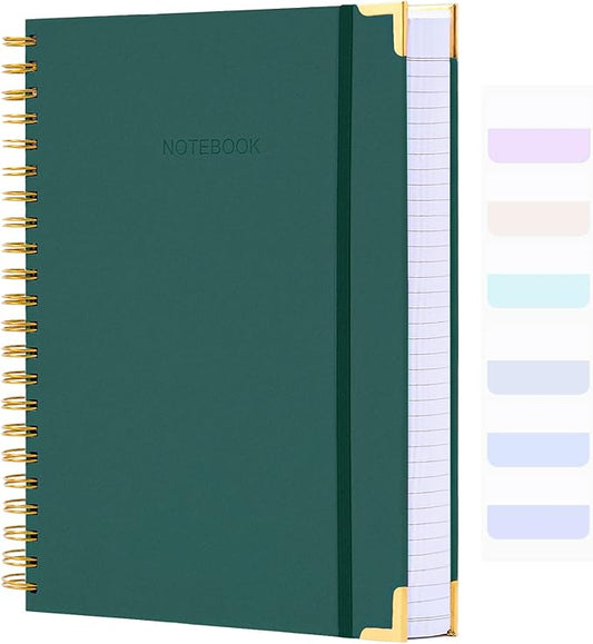 Spiral Notebook, College Ruled Notebook Journal, 7” x 10”, 300 Pages Leather Writing Journal for Women Men, B5 Hardcover Notebook for Work School, 24pcs Index Tabs, Green