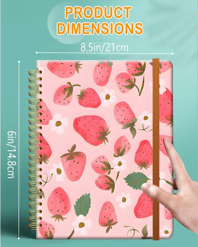 Ruled Spiral Writing Notebook,A5 Hardcover Lined College Journal for Women Lady Girl,Strong Twin-Wire Binding with Premium Paper,8.4" X 6",Perfect for School,Office,Home Gifts(Pink Strawberry)