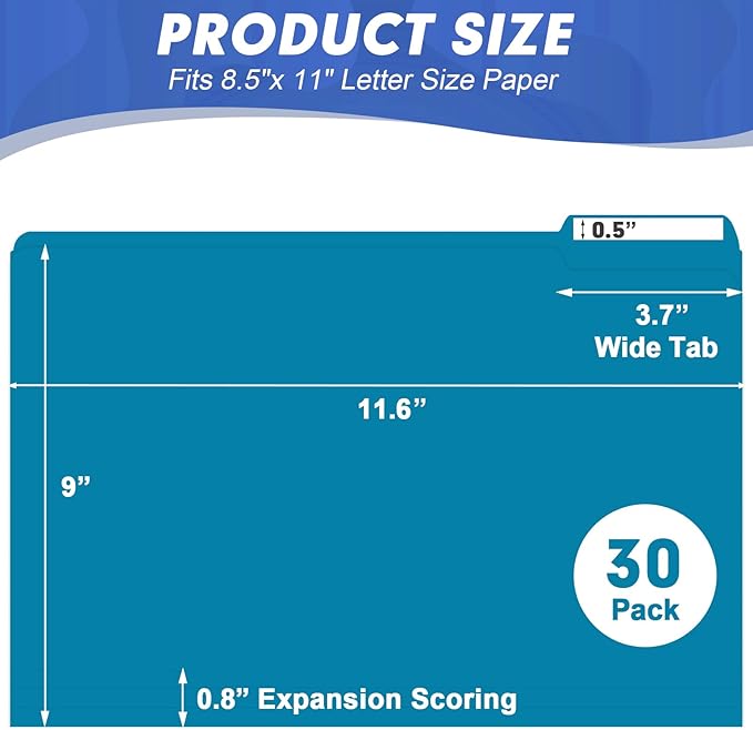File Folder, HERKKA 30 Pack 1/3 Cut Tab File Folders, File Folders Great for Organizing and Filing, Letter Size, Blue