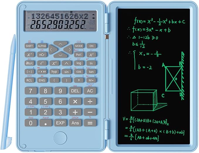 Scientific Calculator with Writing Pad, 240 Computing Functions, Foldable Case, HD Screen, Anti-Deletion Lock & One-Click Clear, Perfect for School, Finance & Engineering (Sky Blue)