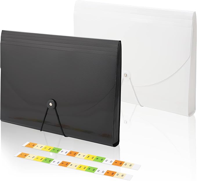 Accordian File Organizer 13 Pocket Expanding File Folder with Labels, A4 Letter Size Paper Document Receipt Organizer Portable Accordion Filing Folder for Classroom, Home, Office (Black+White)