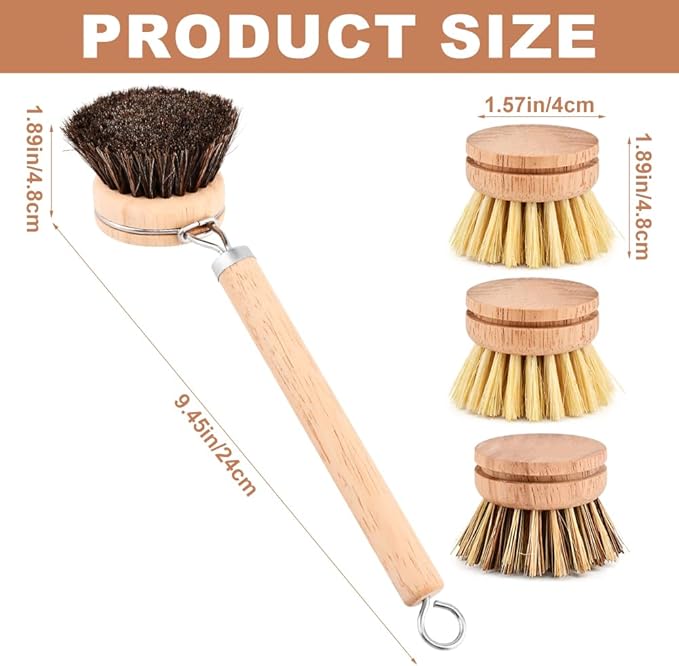 Bamboo Dish Brush with Handle - 3 Replacement Heads, Soft Bristles Kitchen Brush, Bamboo Dish Scrubber for Dishes Vegetable, Pots and Pans, Kitchen Utensils(Color:Wood)