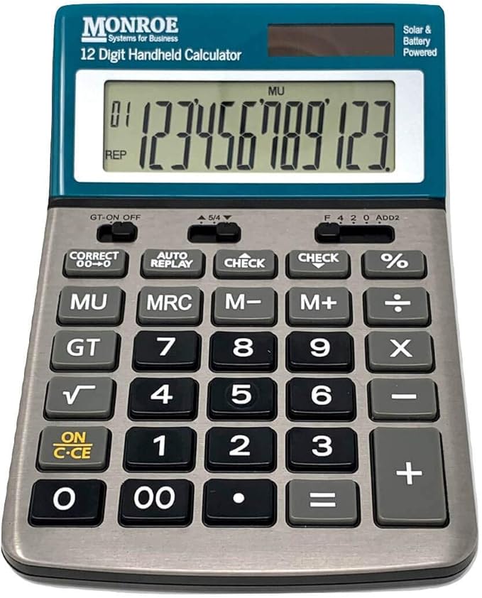 Monroe Handheld 12-Digit Paperless Calculator with Check and Correct Functionality