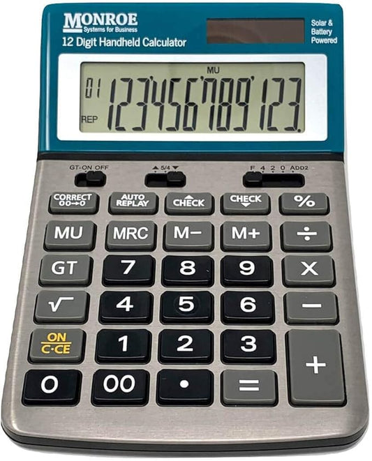 Monroe Handheld 12-Digit Paperless Calculator with Check and Correct Functionality