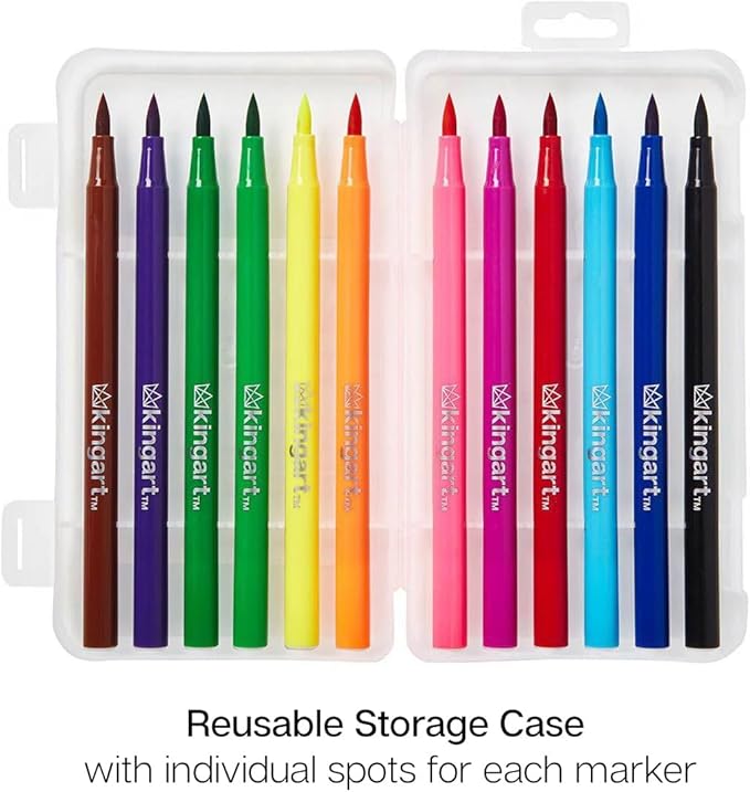 KINGART 'Watercolor-Effect' Brush Markers (410-12), 12 Colors - Brightly Colored Markers, Journaling, Lettering, Kids and Adult Coloring Books, and More, Convenient Carrying Case