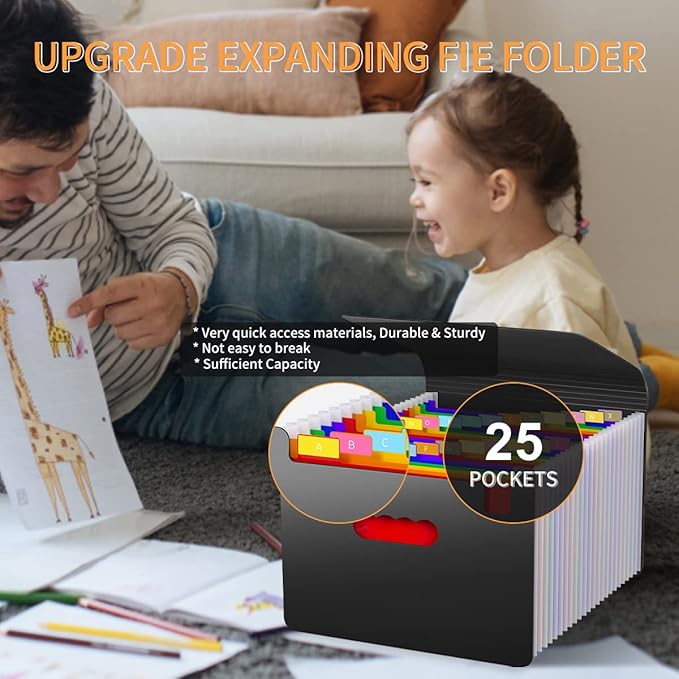 25 Pockets Accordion File Organizer Expanding File Folders with Handle,Fun Storage Portable Filing Box for Paperwork Documents Paper,A4/Letter Size