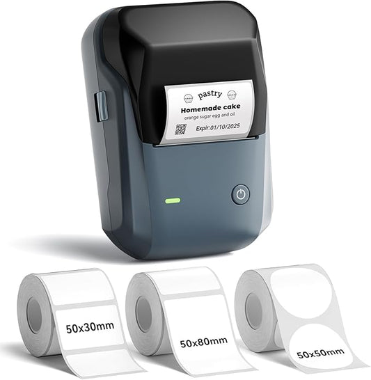 NIIMBOT B1 Label Maker Machine with 3 Tapes, 50x30mm/50x80mm/ 50x50mm Round Labels, Bluetooth Thermal Label Printer for Small Business,Office,Home,School (Blue, 1 Printer+3 Roll Label)