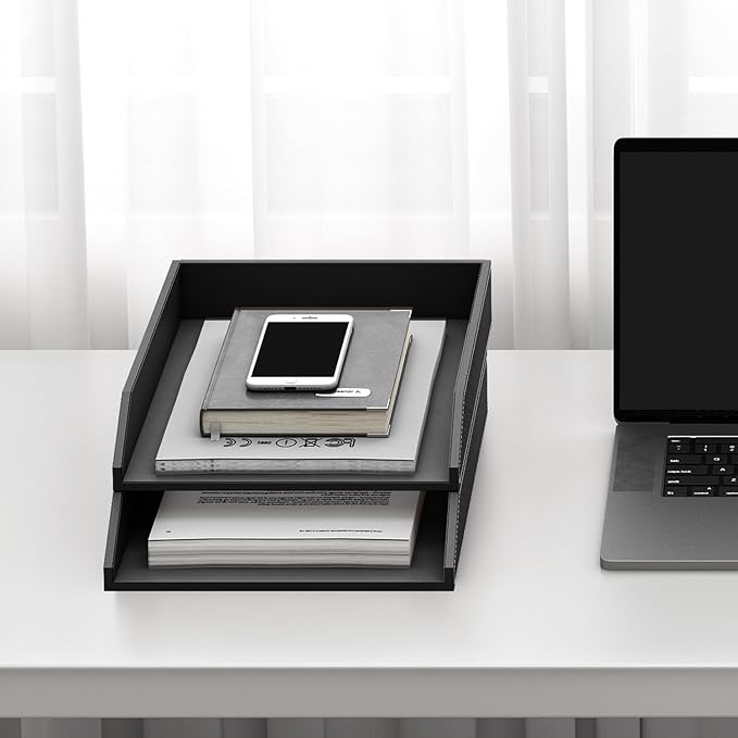 Leather Paper Organizer, 2-Tier Letter Size Tray, Office Desk Organizers and Accessories for Desktop, Office Supplies - Black, 2-Pack