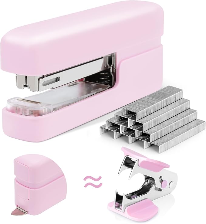 deli Stapler, Desktop Staplers with 830 Staples and Integrated Staple Remover, 40 Sheet Capacity Office Stapler, Pink