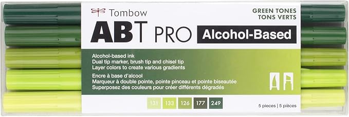 Tombow 56971 ABT PRO Alcohol Markers, Green Tones, Set of 5 Colors – Dual Tip, Permanent Art Markers Feature Chisel and Brush Tips Perfect for Coloring, Sketching, and Creating Color Gradients