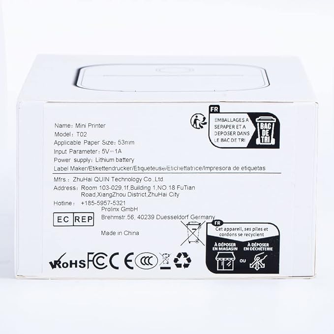 Memoking Mini Portable Printer - T02 Inkless Pocket Thermal Sticker Maker Mini Sticker Printer Mobile Label Maker for Student, Gift, White (Bunny Case Not Included)