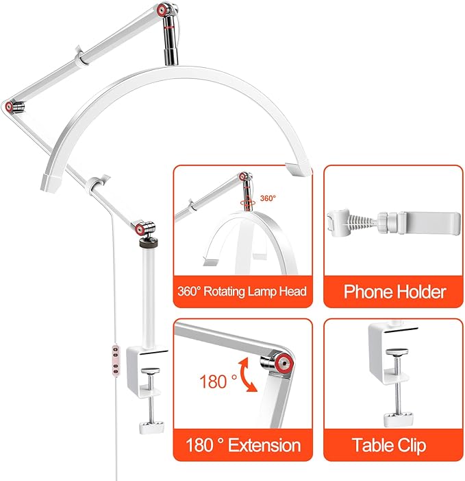 Professional LED Desk Lamp, Half Moon Light for Desk with Clip&Phone Holder, Esthetician Light with Adjustable 10-Level Dimming & 3 Color for Work,Office,Makeup,Nail Salon,Tattoo,Craft (White)