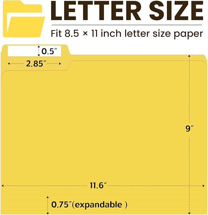 Colored File Folders Letter Size, 60 Pack Yellow Folders 1/3 Cut Tabs, Assorted Pastel Color Office School Buiness Folders for Filing Organization, Paper File Folder Bulk Set