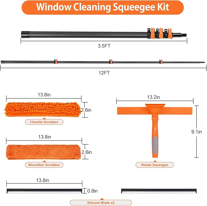 Msnaile Window Squeegee with Carbon Fiber Extension Pole for Home, 3.5 to 12Ft Window Cleaning Kit Tool Outdoor, Lightweight Professional Window Washing Kit with Rotatable Head & 2 Scrubbers, 2 in 1