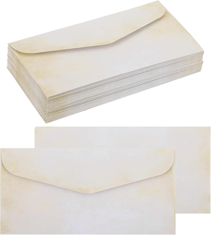 MECCANIXITY 48 Packs Envelopes Vintage Stationery Textured White Stationery Old Fashion Paper for Letter Writing, Invitations, Wedding-9 x 4 Inch