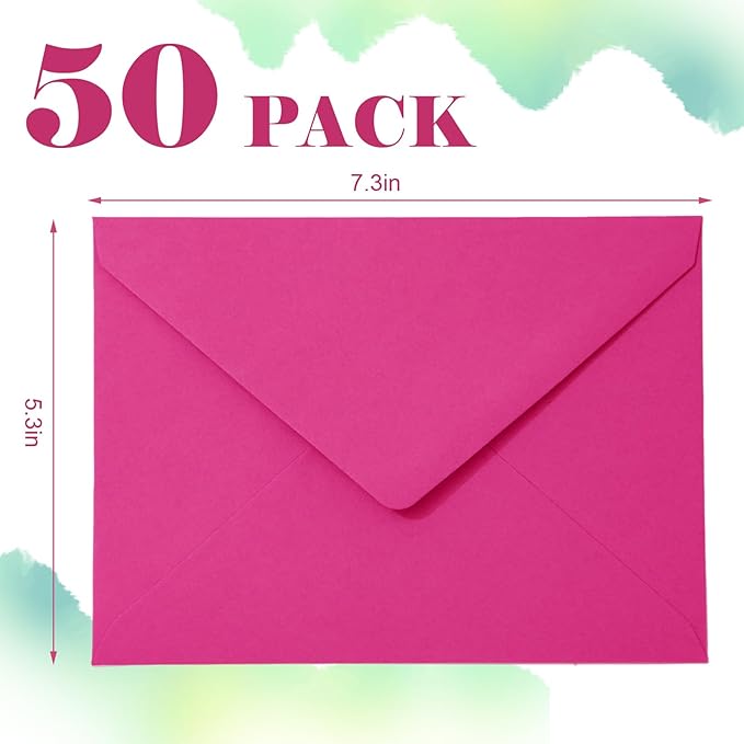 Whaline 50Pcs A7 Invitation Envelopes Set Hot Pink Greeting Card Envelopes V-Flap Envelopes Gift Card Sleeves for Valentine's Day Mailing Envelopes Sending Card, 7.3x5.3 Inch