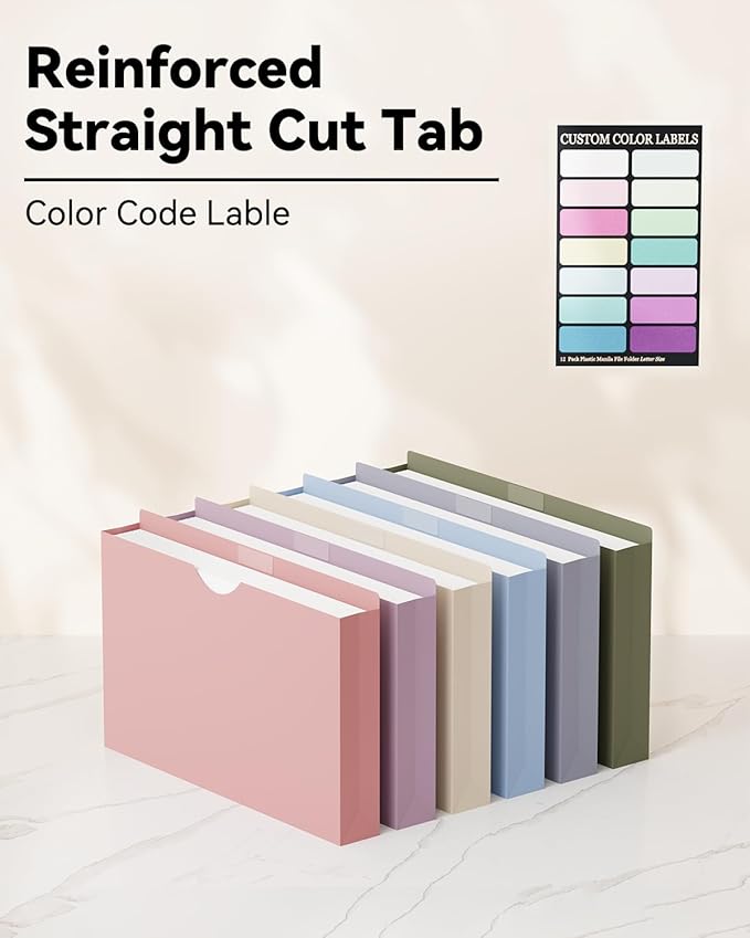 ANSOOK Plastic File Jackets,2" Legal Size Manilla Folders,12 Pack Expanding File Folder,Heavy Duty Expansion Pocket,File Cabinet Folders,Straight Cut Tab,Morandi Color Manila Folder for Home Office
