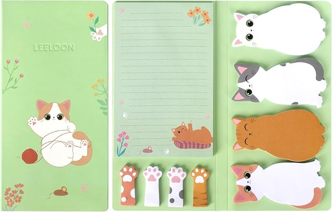 Cat Sticky Notes Set, 360 Sheets Cute Cartoon Animal Cat Self-Stick Notes Pads Cat Themed Memo Pads Cat Paw Page Markers Sticky Index Tabs for Cat Lovers Students Office School Supplies
