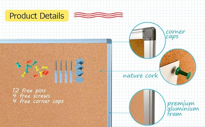 Bulletin Board Corkboard Cork Board Wall Notice Board 36 x 24 Inches Inches Photo Board Picture Board Pin Board Aluminium Frame Tabla de corcho