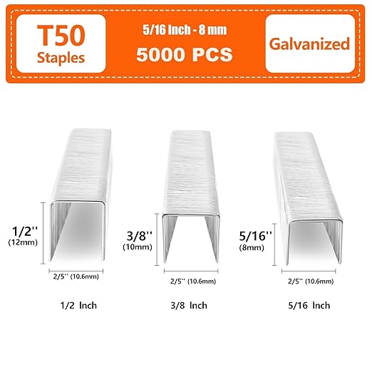 Heavy Duty T50 5/16 inch Staples 5000-Count, 20 Gauge Galvanized, for Pneumatic, Electric, Manual T50 Stapler Gun