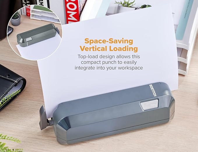 Bostitch Office Electric 3-Hole Punch, Dual Paper Loading, Heavy Duty, Jam-Free 20 Sheet Capacity, AC Adapter or Battery Powered, Space Saving, Grey, (EHP20-GRY)