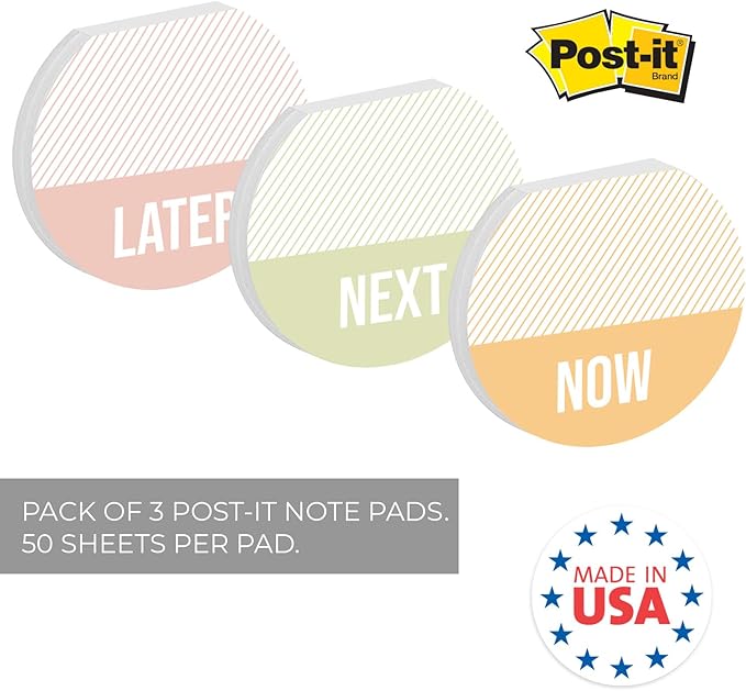 Gotcha Covered Notebooks Now Next Later Sticky Note Pad Assortment/Set Of 3 Round Flat Top Colorful Note Pads / 3.5" Productivity Sticky Notes / 50 Sheets Per Pad/Made In USA