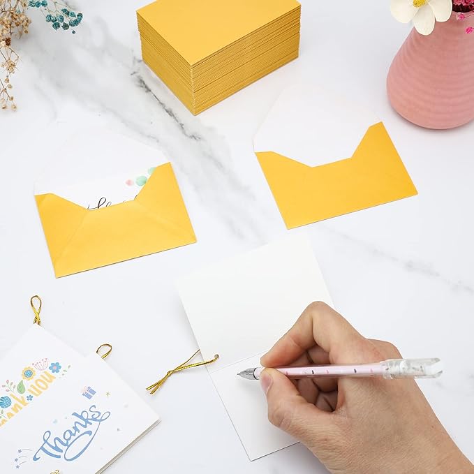 100 Pack 4 x 2.75'' Mini Envelopes Metallic Gold 120GSM Gift Card Envelopes Bulk Small Paper Gift Card Sleeves Greeting Card Business Card Tiny Envelope Pockets for Card & Invitation