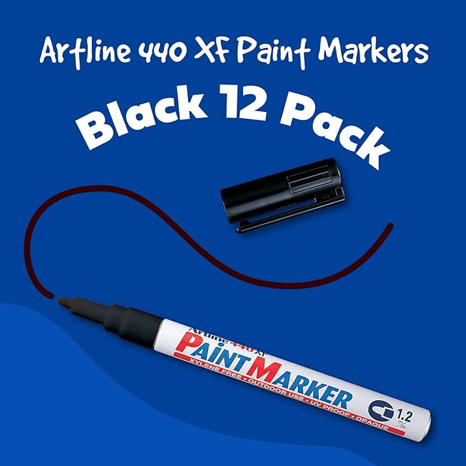 Artline 440XF Paint Markers for Wood, Plastic, and Canvas, Waterproof Marker for Indoor/Outdoor Applications, Opaque Coloring Markers with 1.2mm Bullet Tip - Black, 12 Pack