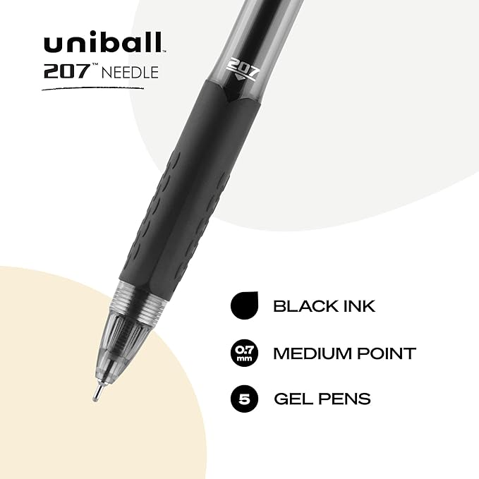 uniball 207 Needle Retractable Gel Pens, Medium Point (0.7mm), Black, 5 Pack